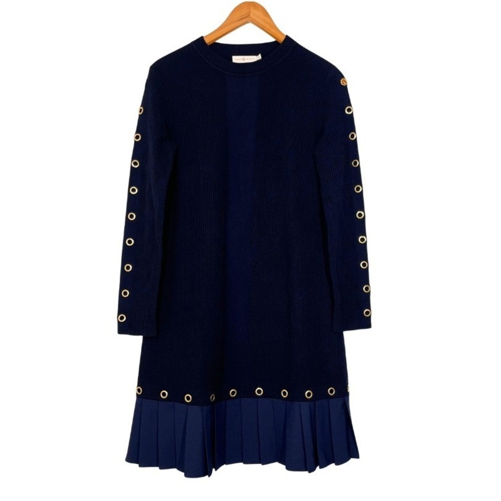 Tory Burch Shiloh Navy Blue Ribbed Knit Wool Grommet Pleated Sweater Dress Sz S
